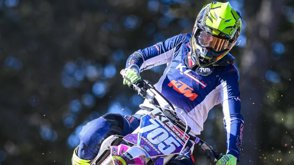 Malou Jakobsen racing on the Montevarchi motocross track during an Italian Motocross event.